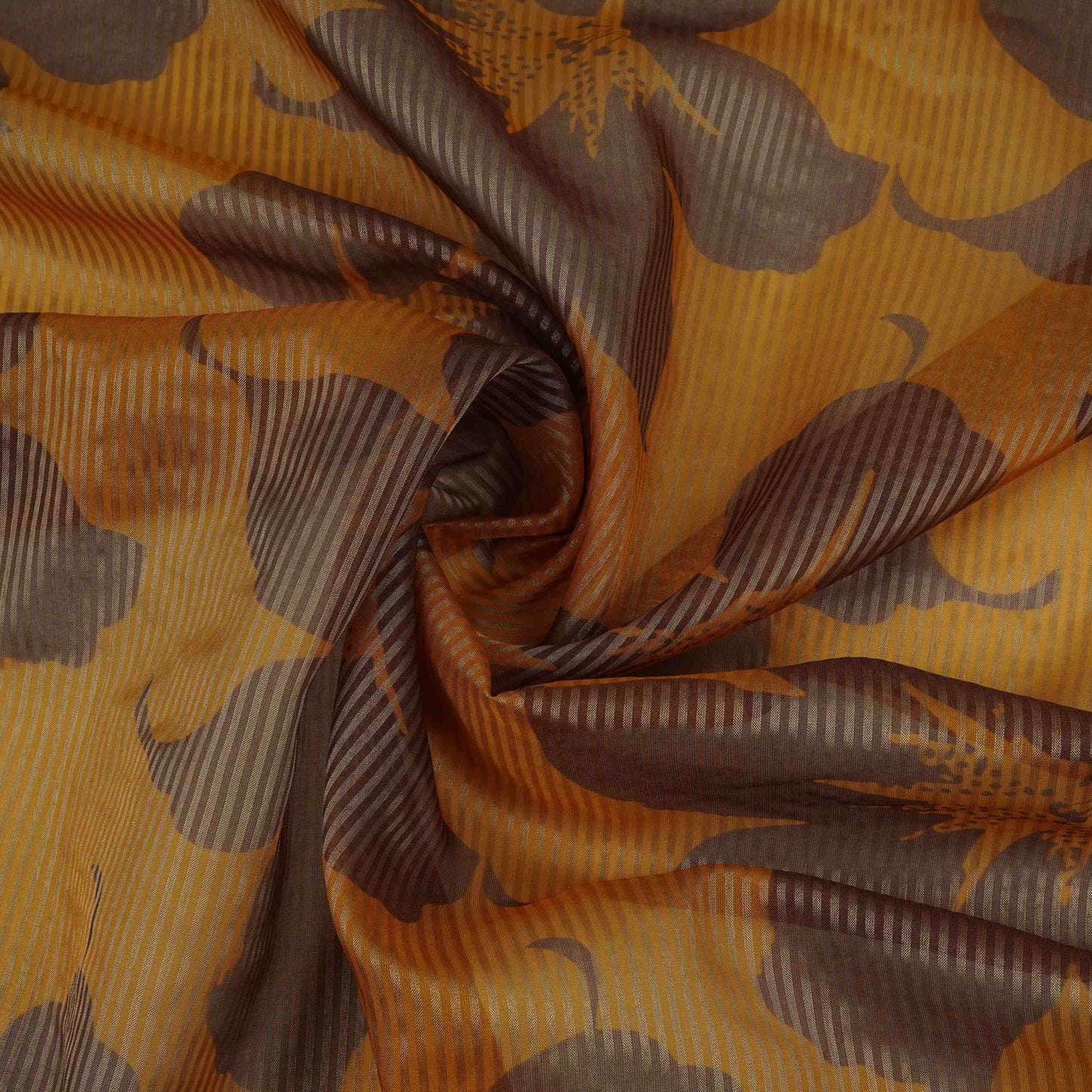 Mustard Yellow floral with stripes print Organza Fabric VP-32012