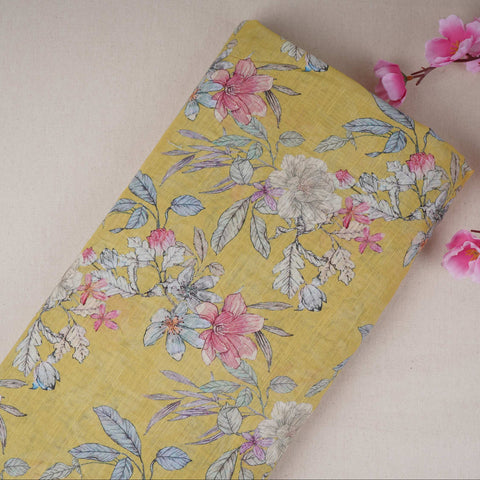 Mustard Yellow Floral Print Cotton Linen Fabric RT-30910