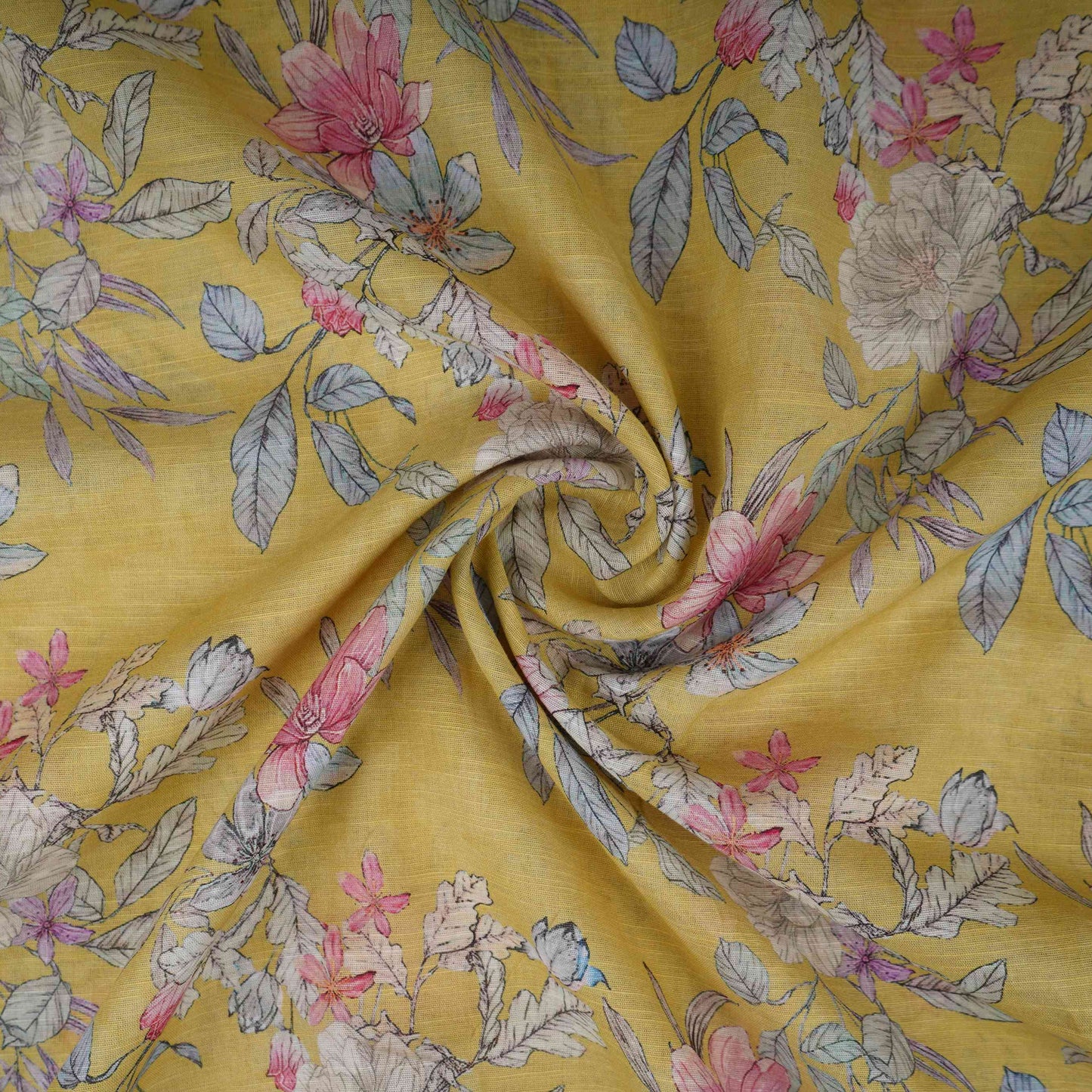 Mustard Yellow Floral Print Cotton Linen Fabric RT-30910