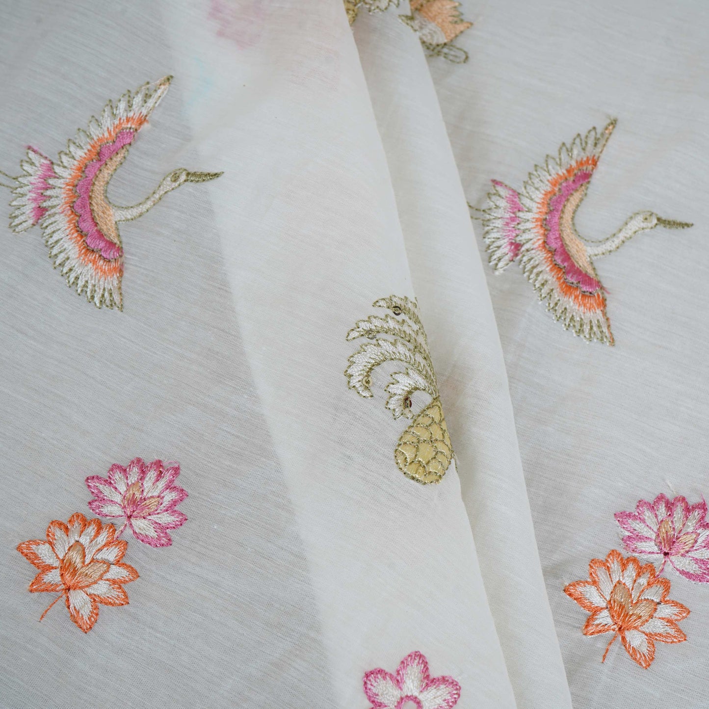 Off White Temple Embroidery Chanderi Fabric DC-30560