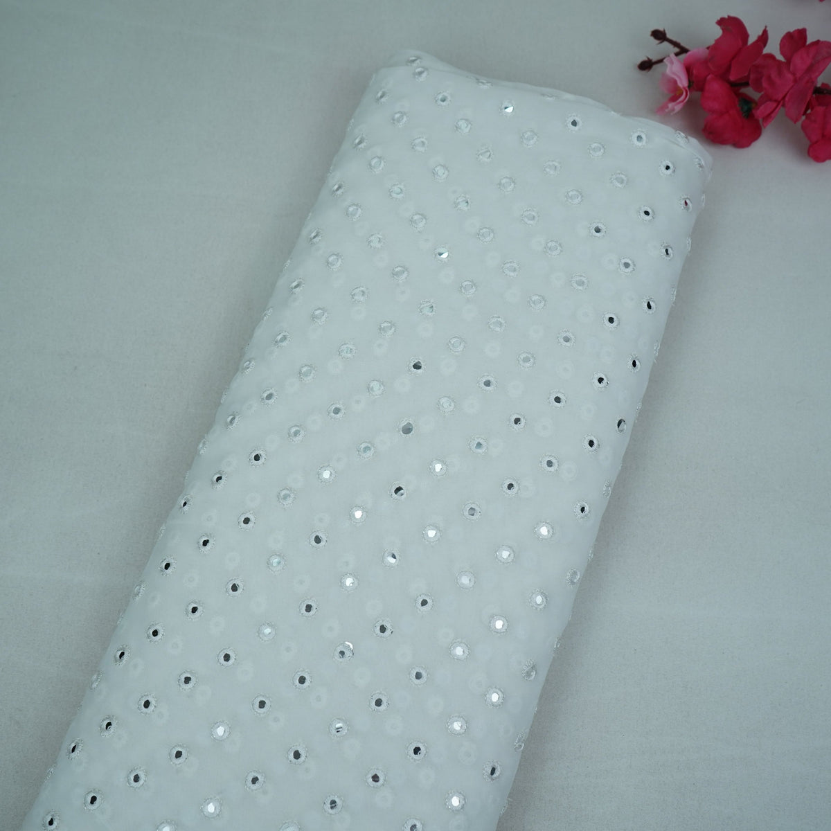White Silver Mirror Buti Embroidery Dyeable Georgette Fabric AF-35043