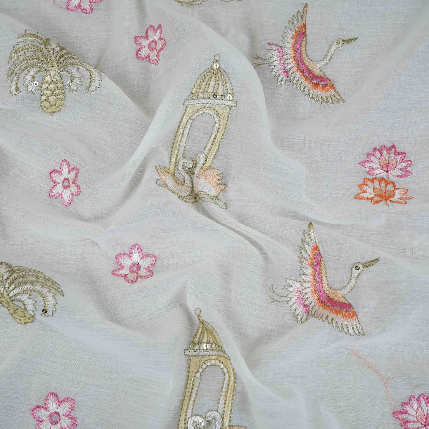 Off White Temple Embroidery Chanderi Fabric DC-30560