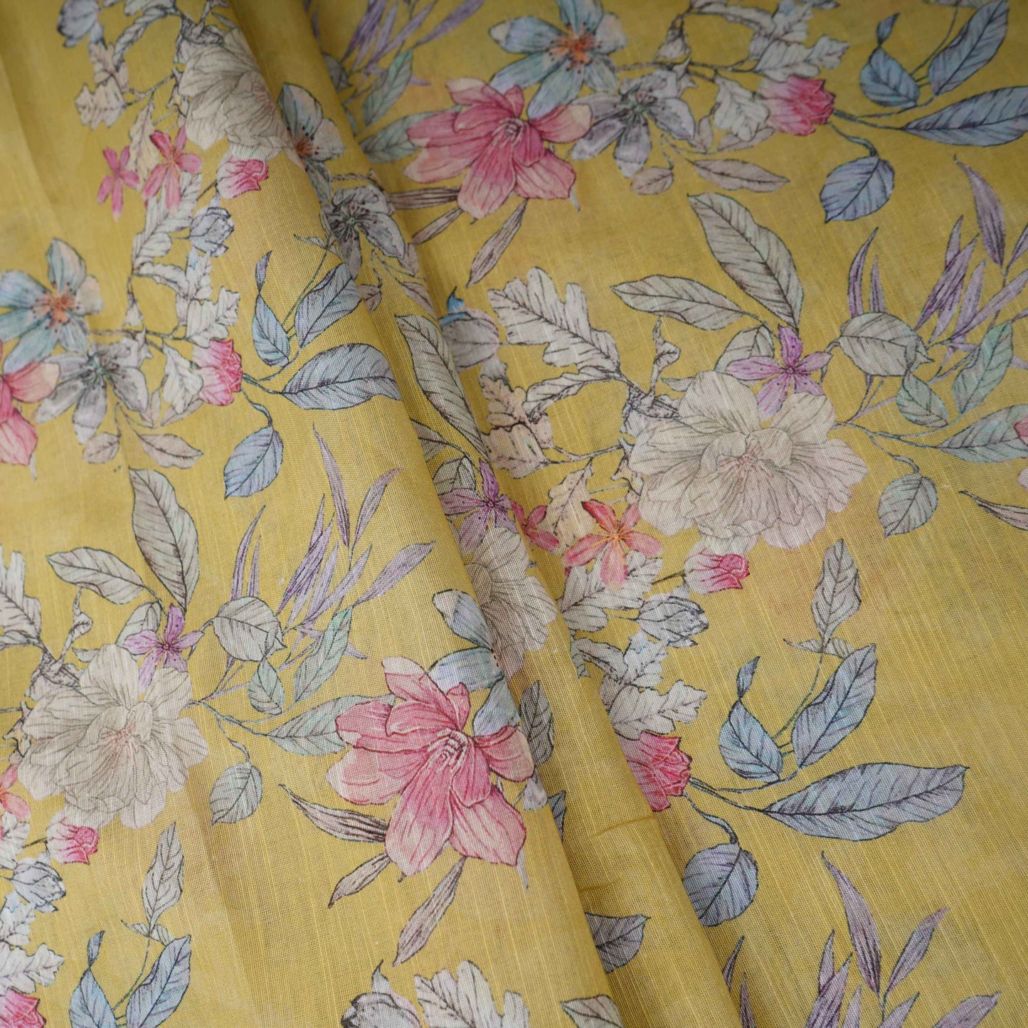 Mustard Yellow Floral Print Cotton Linen Fabric RT-30910
