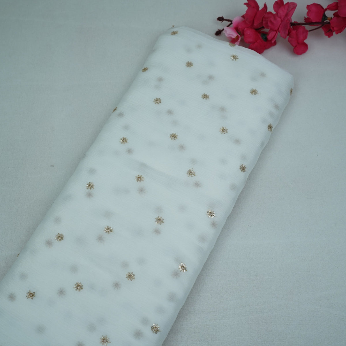White Zari Buti Embroidery Dyeable Chinnon Fabric AF-35037