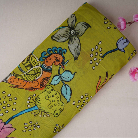 Mehendi Green Kalamkari Print Pure 70gm Chanderi Fabric VF-30896