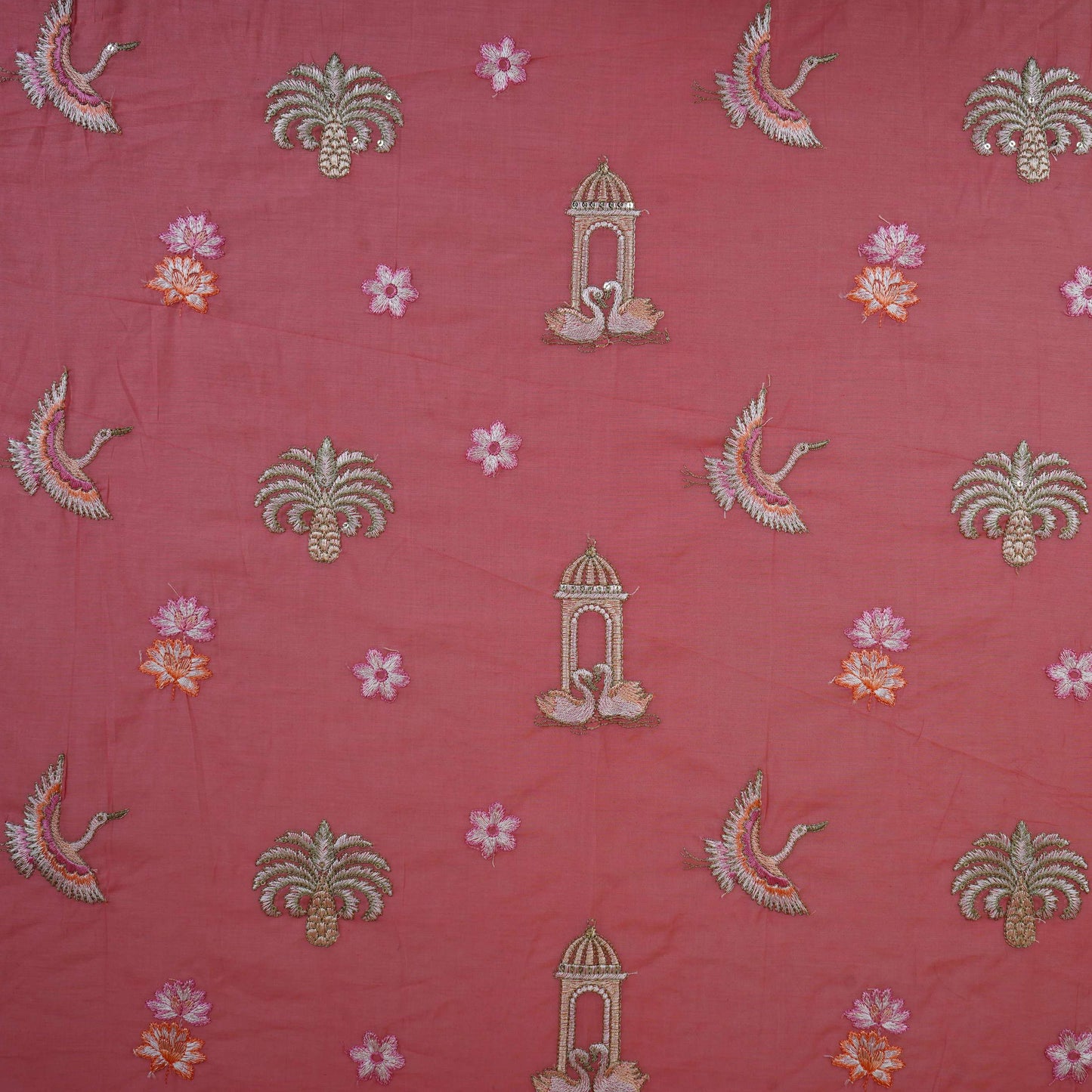 Peach Temple Embroidery Chanderi Fabric DC-30562