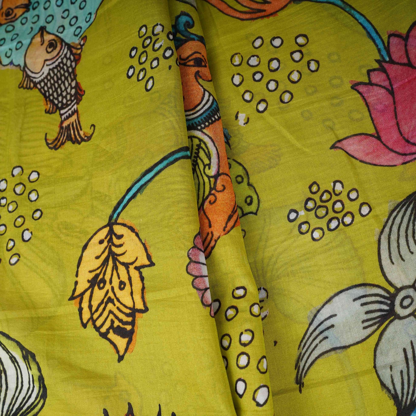 Mehendi Green Kalamkari Print Pure 70gm Chanderi Fabric VF-30896