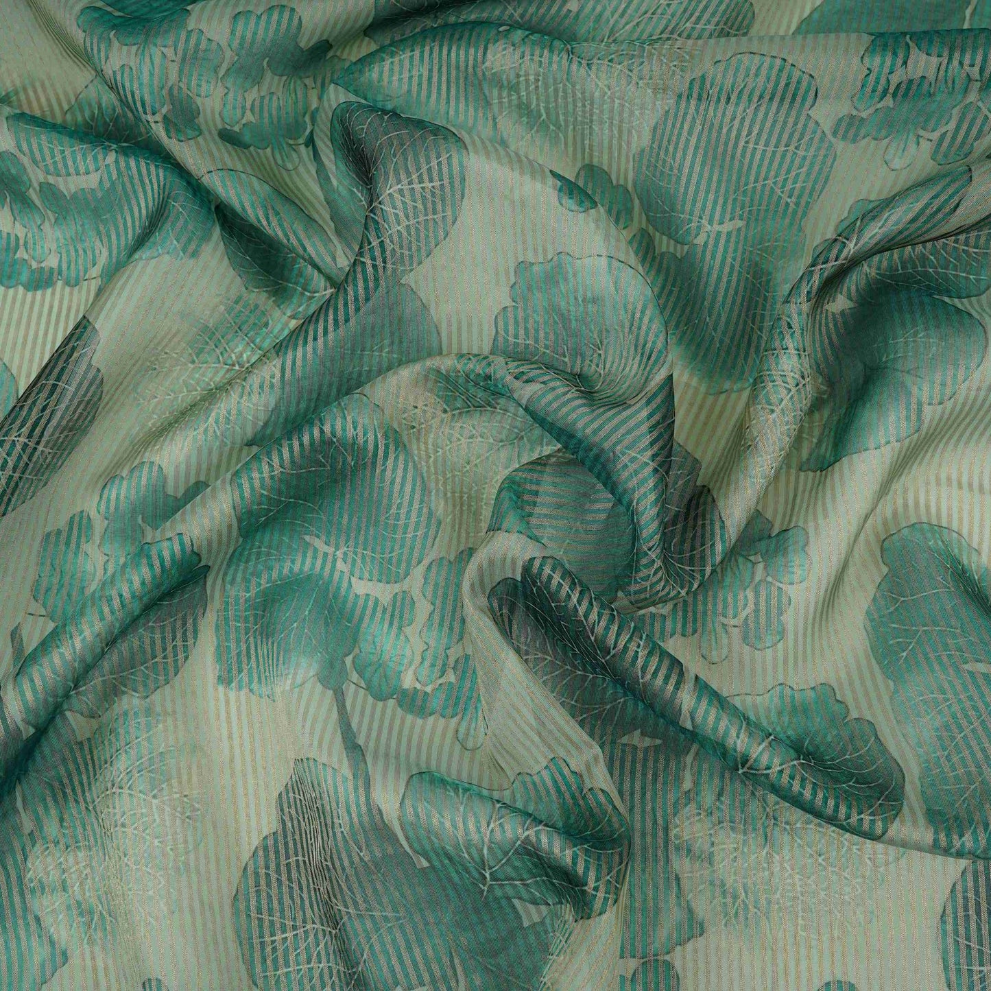 Teal Blue floral with stripes print Organza Fabric VP-32010