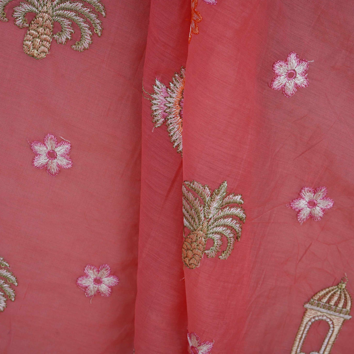 Peach Temple Embroidery Chanderi Fabric DC-30562