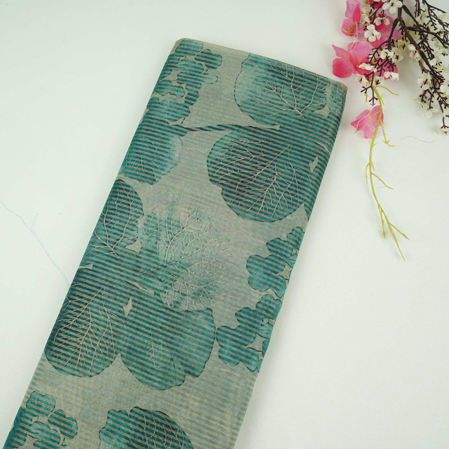 Teal Blue floral with stripes print Organza Fabric VP-32010