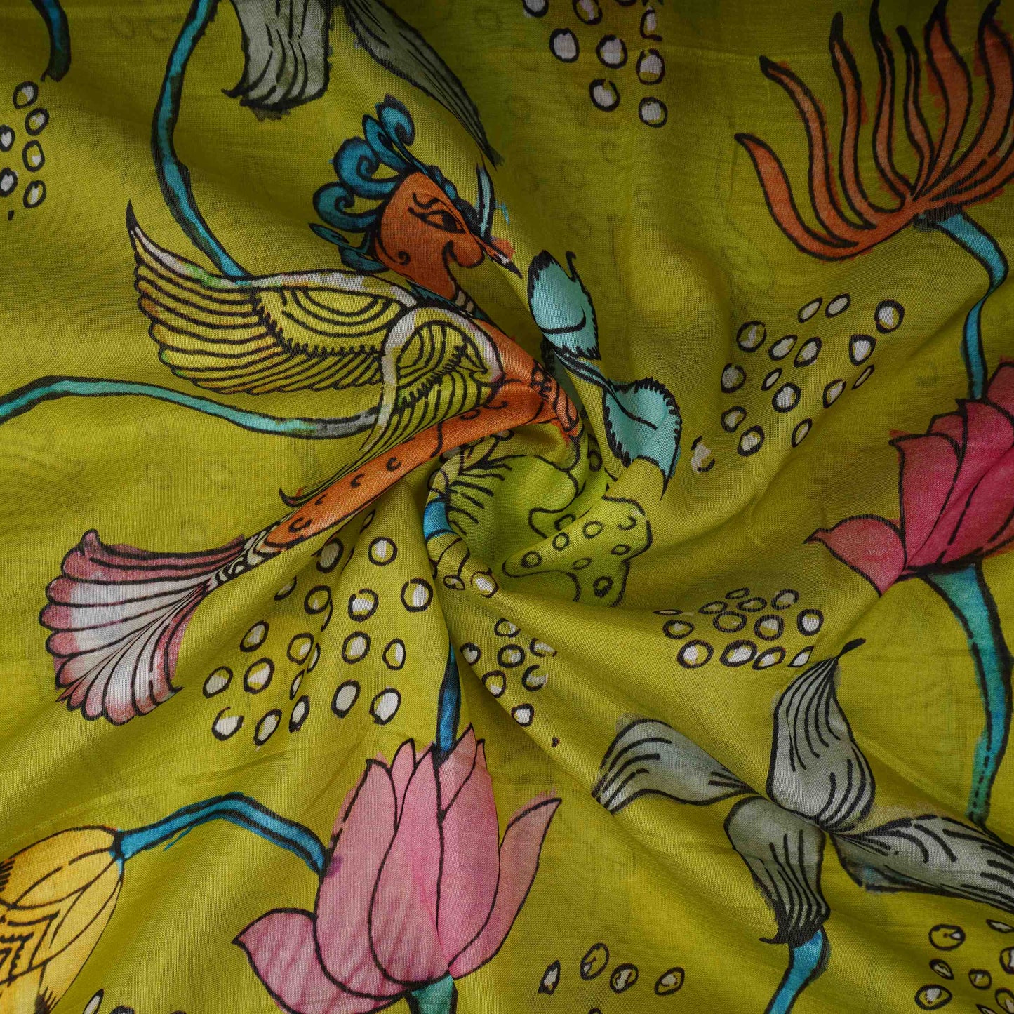 Mehendi Green Kalamkari Print Pure 70gm Chanderi Fabric VF-30896