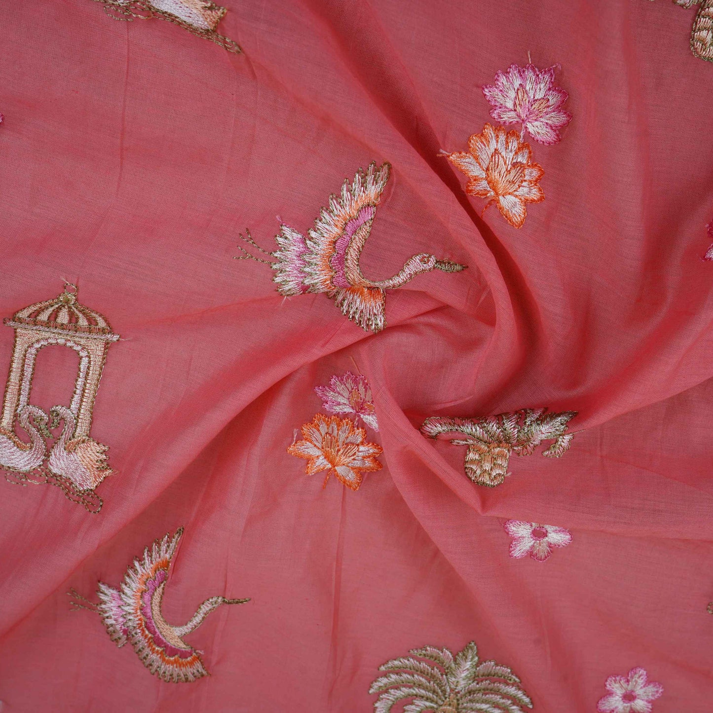 Peach Temple Embroidery Chanderi Fabric DC-30562