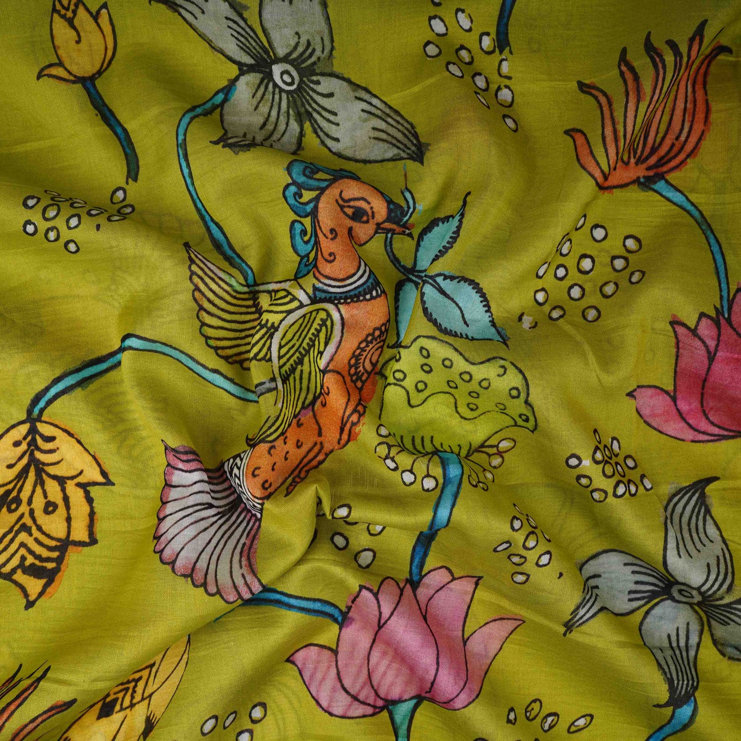 Mehendi Green Kalamkari Print Pure 70gm Chanderi Fabric VF-30896