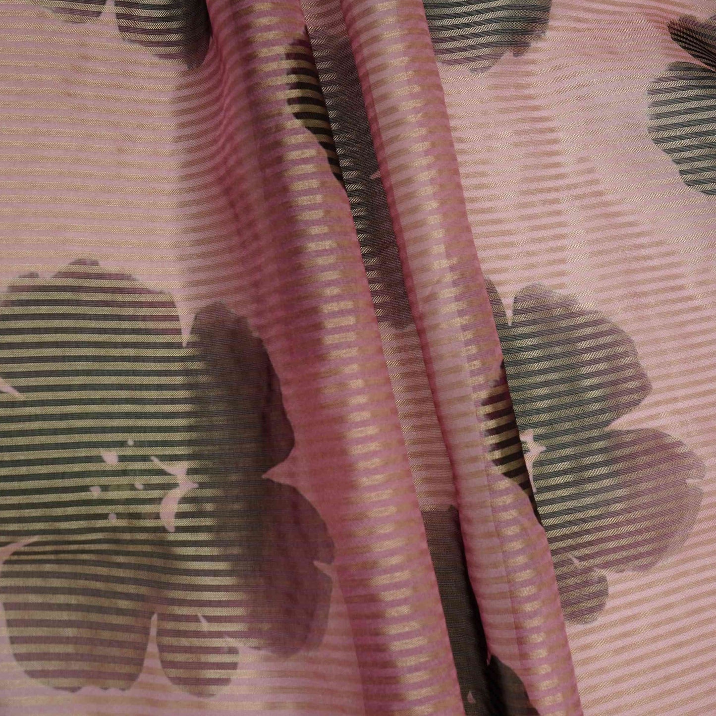 Pink floral with stripes print Organza Fabric VP-32014