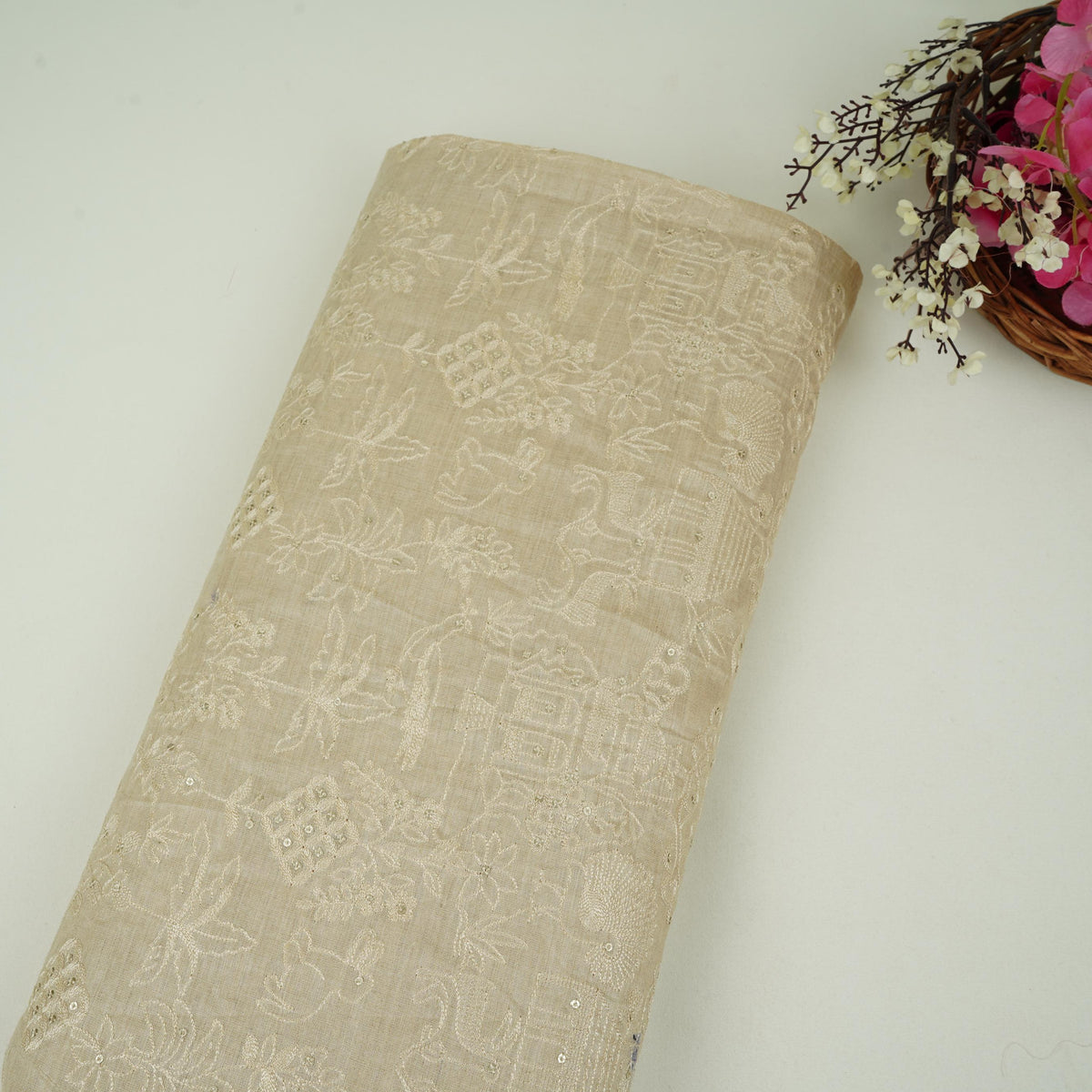 Beige Traditional Thread Embroidery Munga Silk Fabric GPF-32688