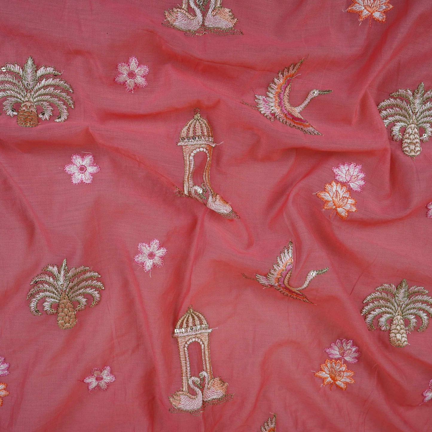 Peach Temple Embroidery Chanderi Fabric DC-30562