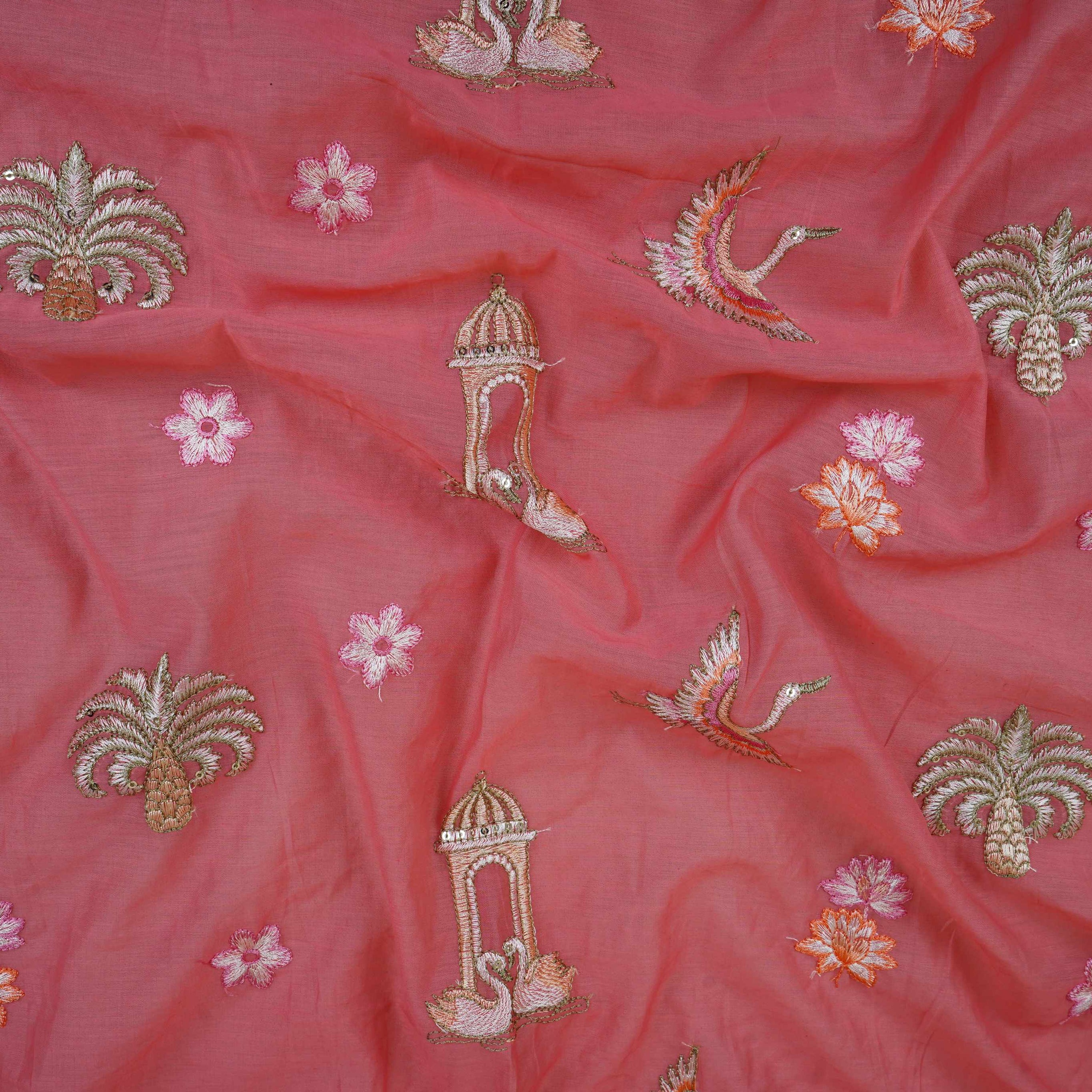 Peach Temple Embroidery Chanderi Fabric DC-30562 - TradeUNO
