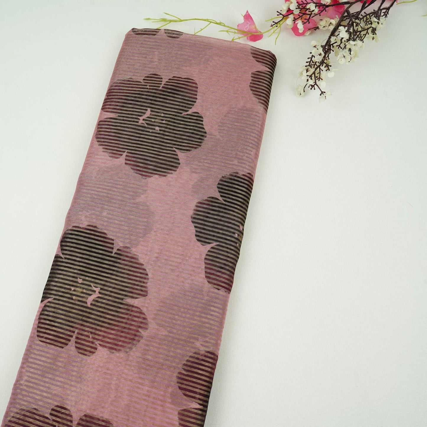 Pink floral with stripes print Organza Fabric VP-32014