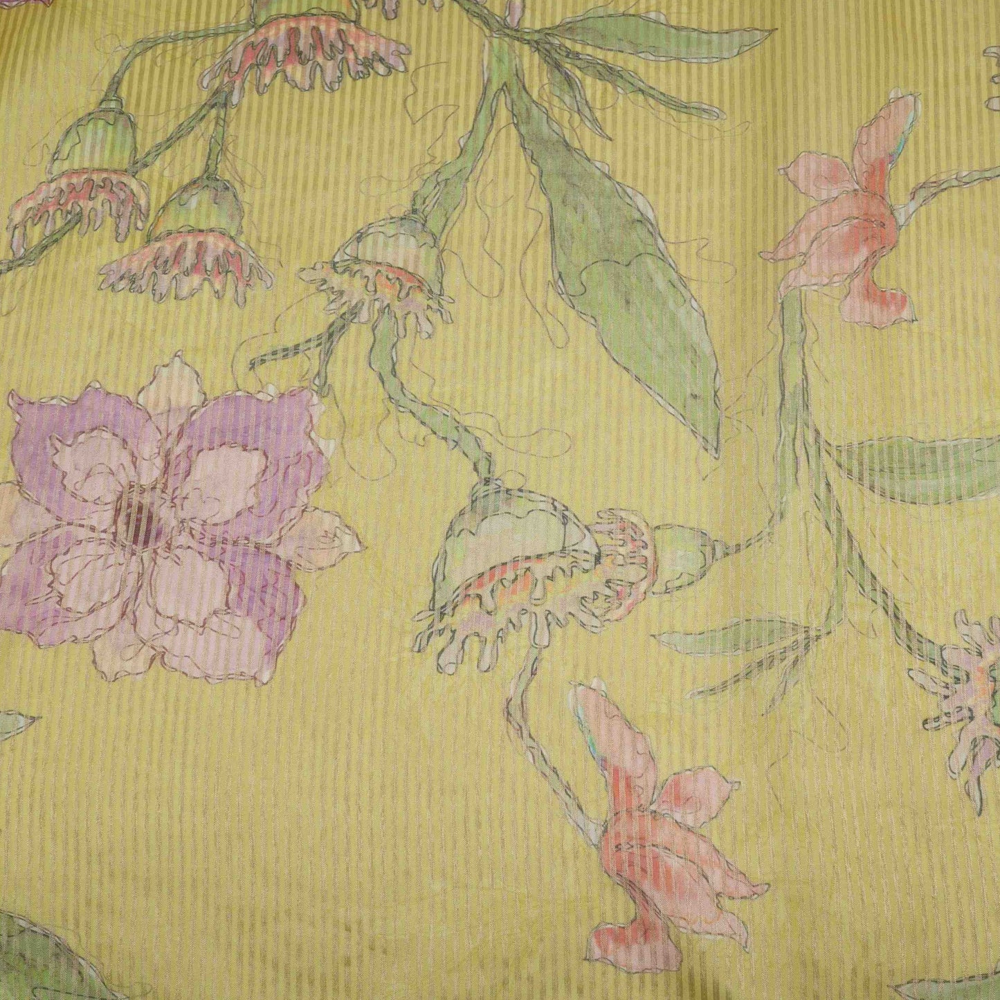 Yellow floral with stripes print Organza Fabric VP-32006
