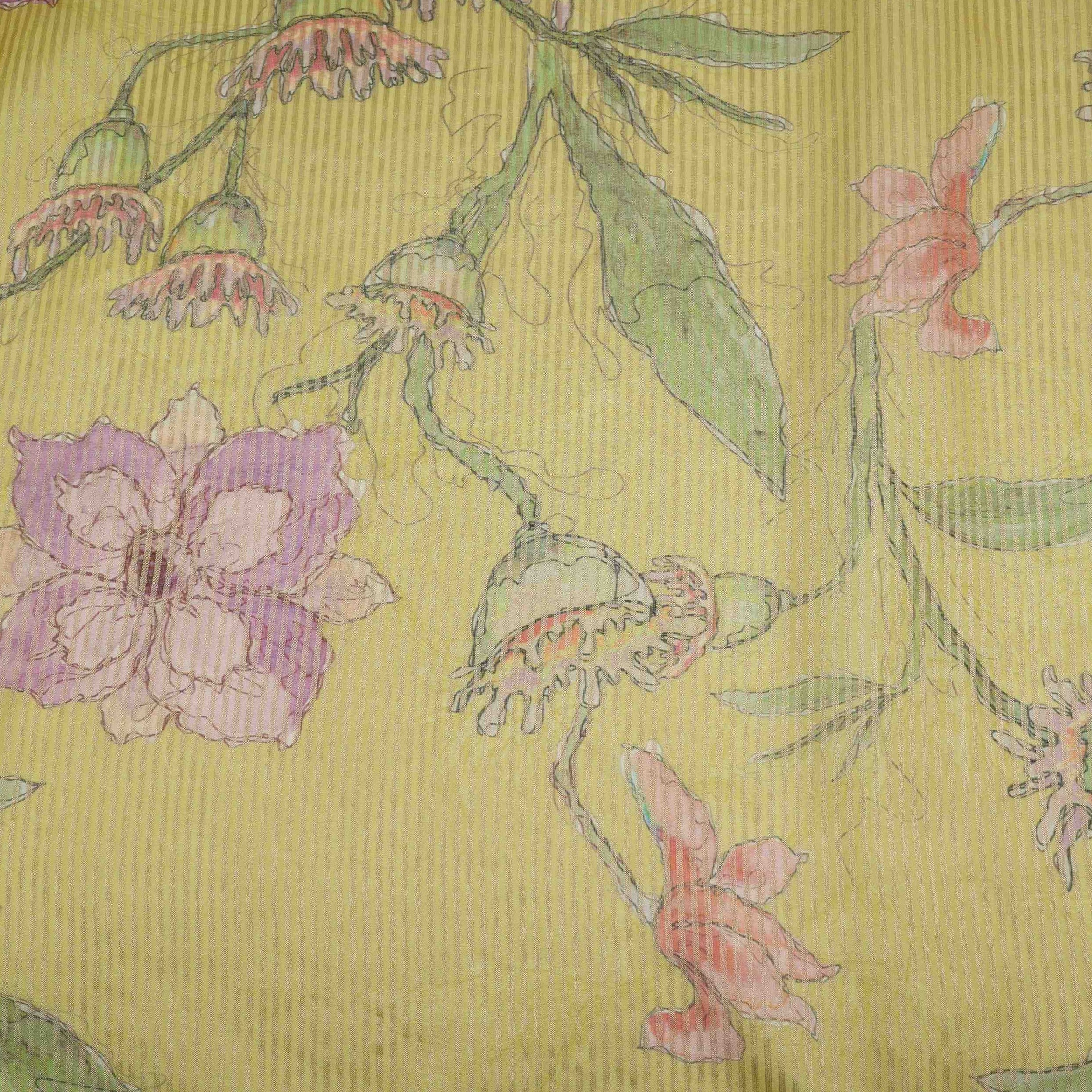 Yellow floral with stripes print Organza Fabric VP-32006