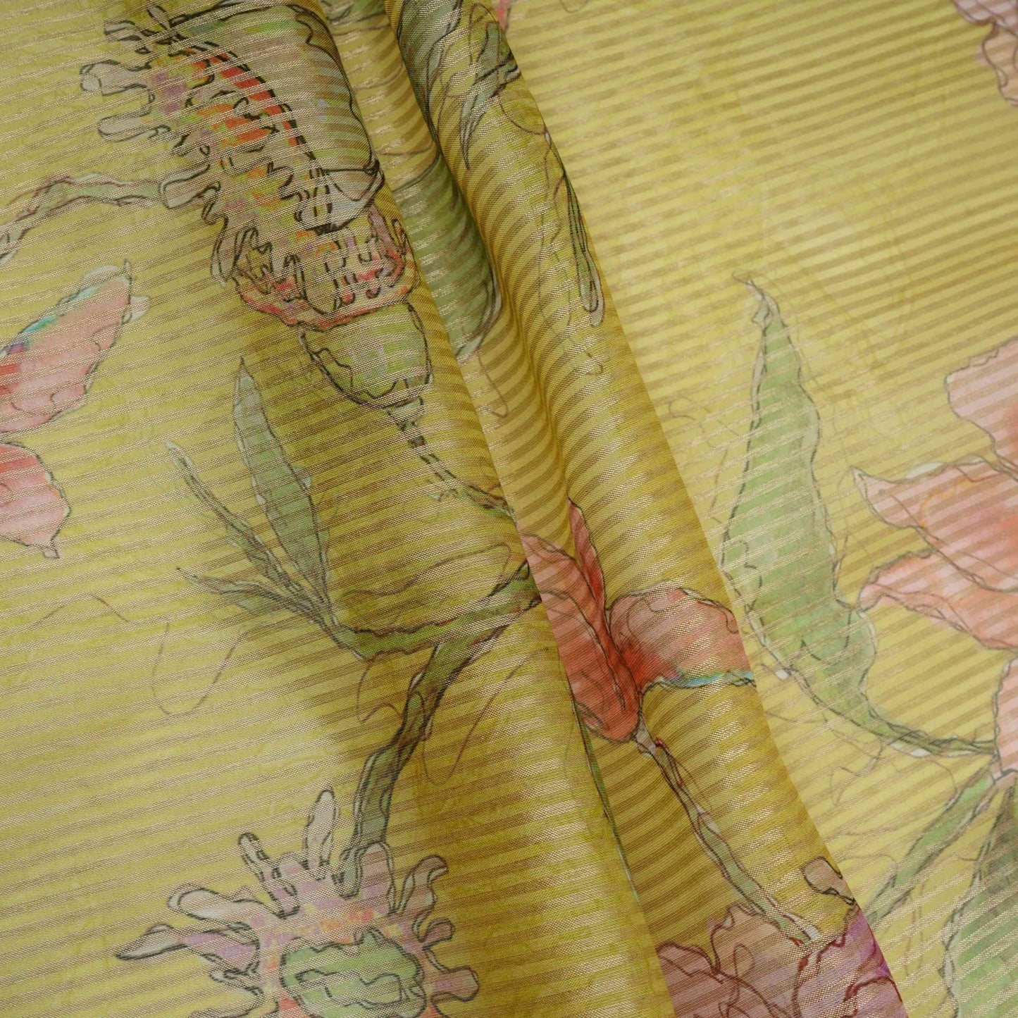 Yellow floral with stripes print Organza Fabric VP-32006