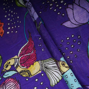 Royal Blue Kalamkari Print Pure 70gm Chanderi Fabric VF-30895 - TradeUNO