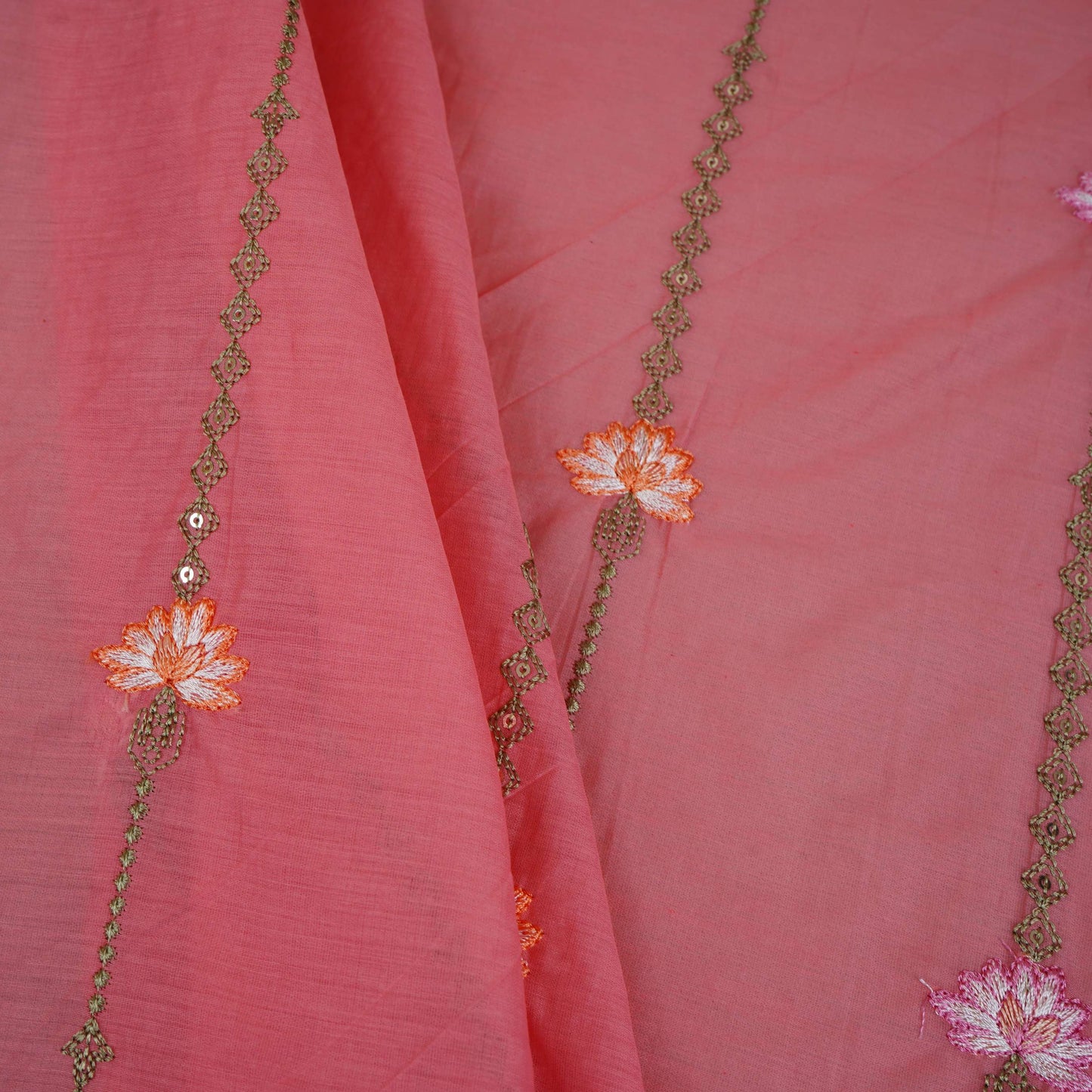 Peach Stripes Floral Embroidery Chanderi Fabric DC-30563