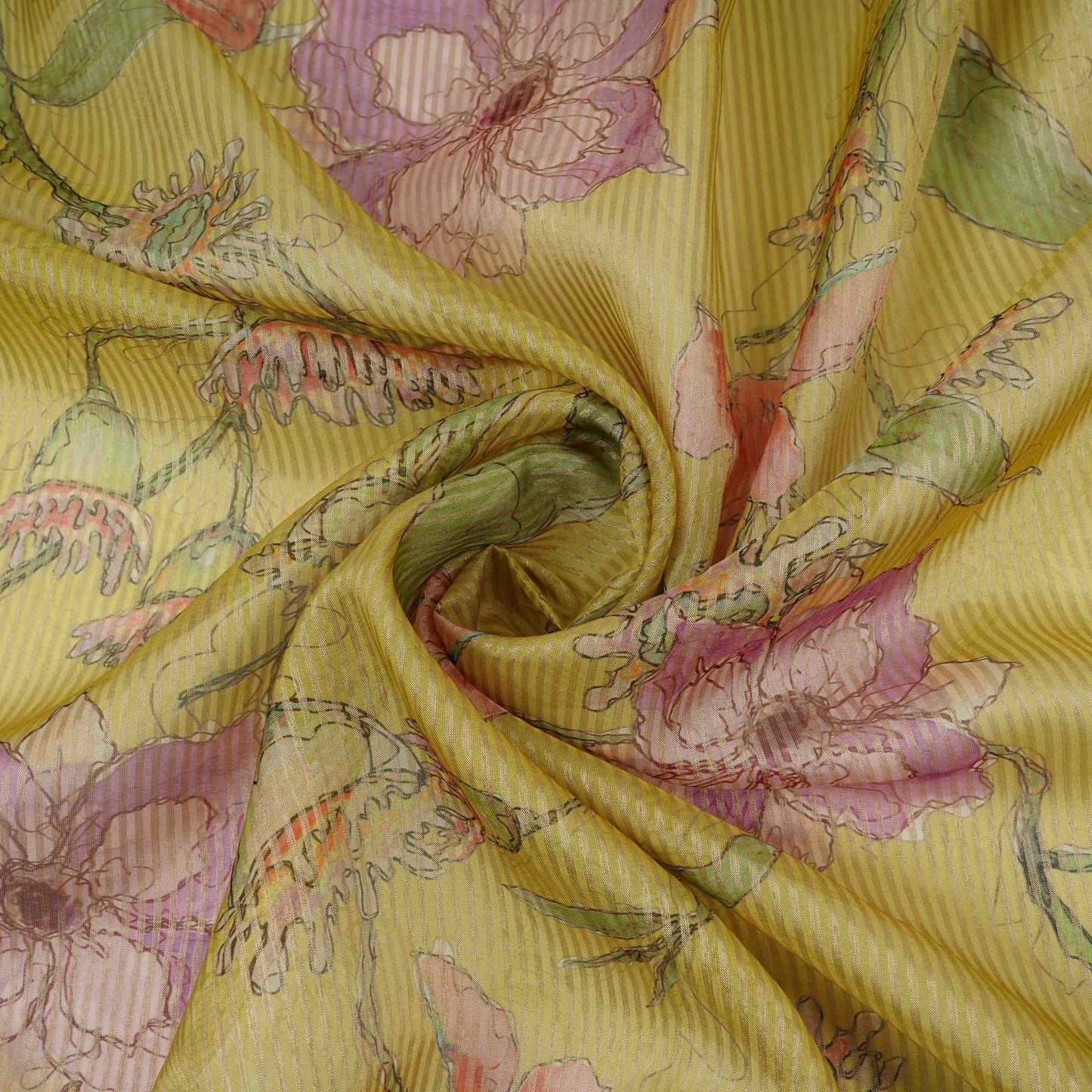 Yellow floral with stripes print Organza Fabric VP-32006