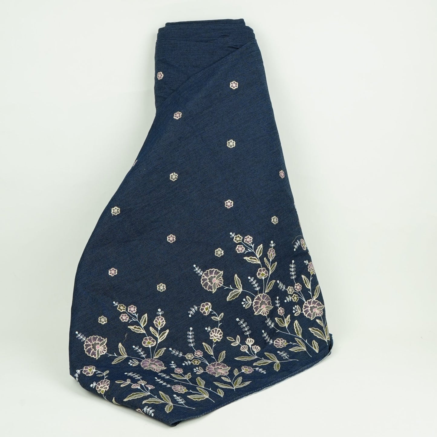 Dark Blue Floral Thread Embroidery Denim Fabric GPF-32686