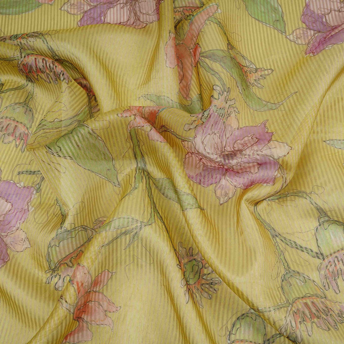 Yellow floral with stripes print Organza Fabric VP-32006