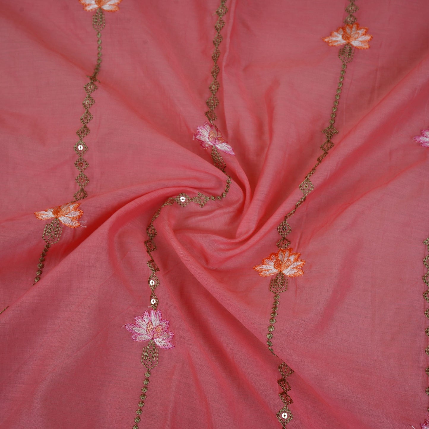 Peach Stripes Floral Embroidery Chanderi Fabric DC-30563