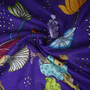 Royal Blue Kalamkari Print Pure 70gm Chanderi Fabric VF-30895 - TradeUNO