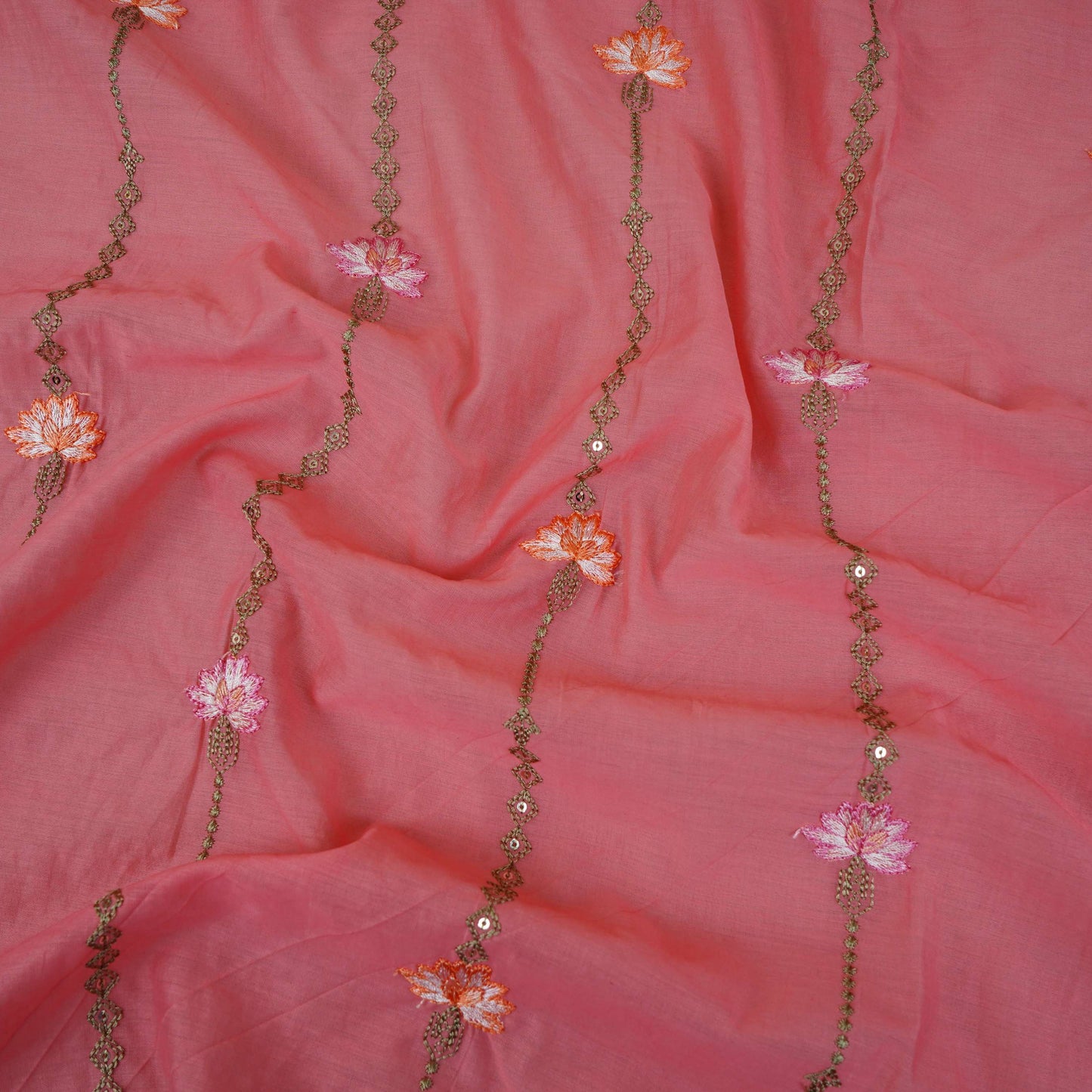 Peach Stripes Floral Embroidery Chanderi Fabric DC-30563