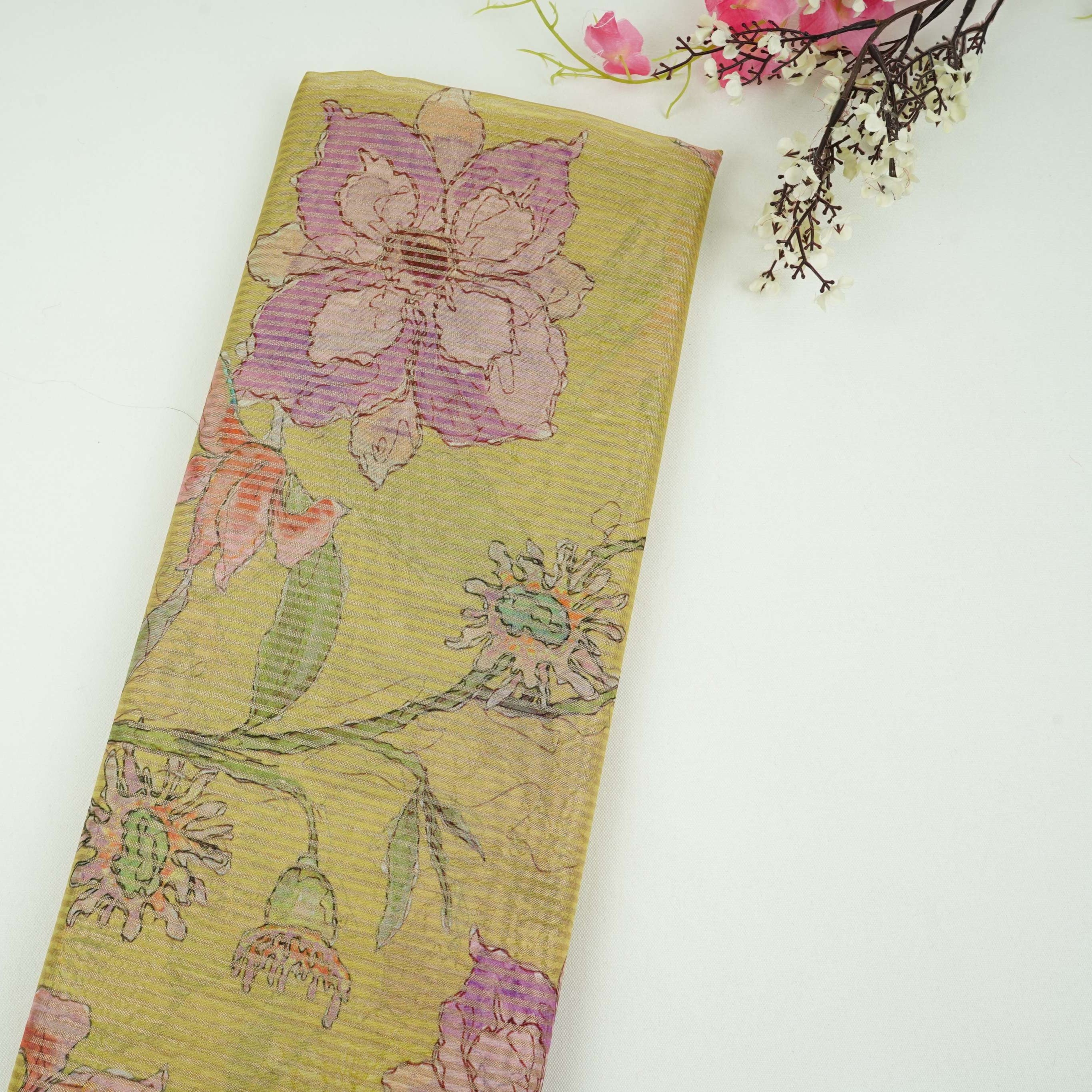 Yellow floral with stripes print Organza Fabric VP-32006