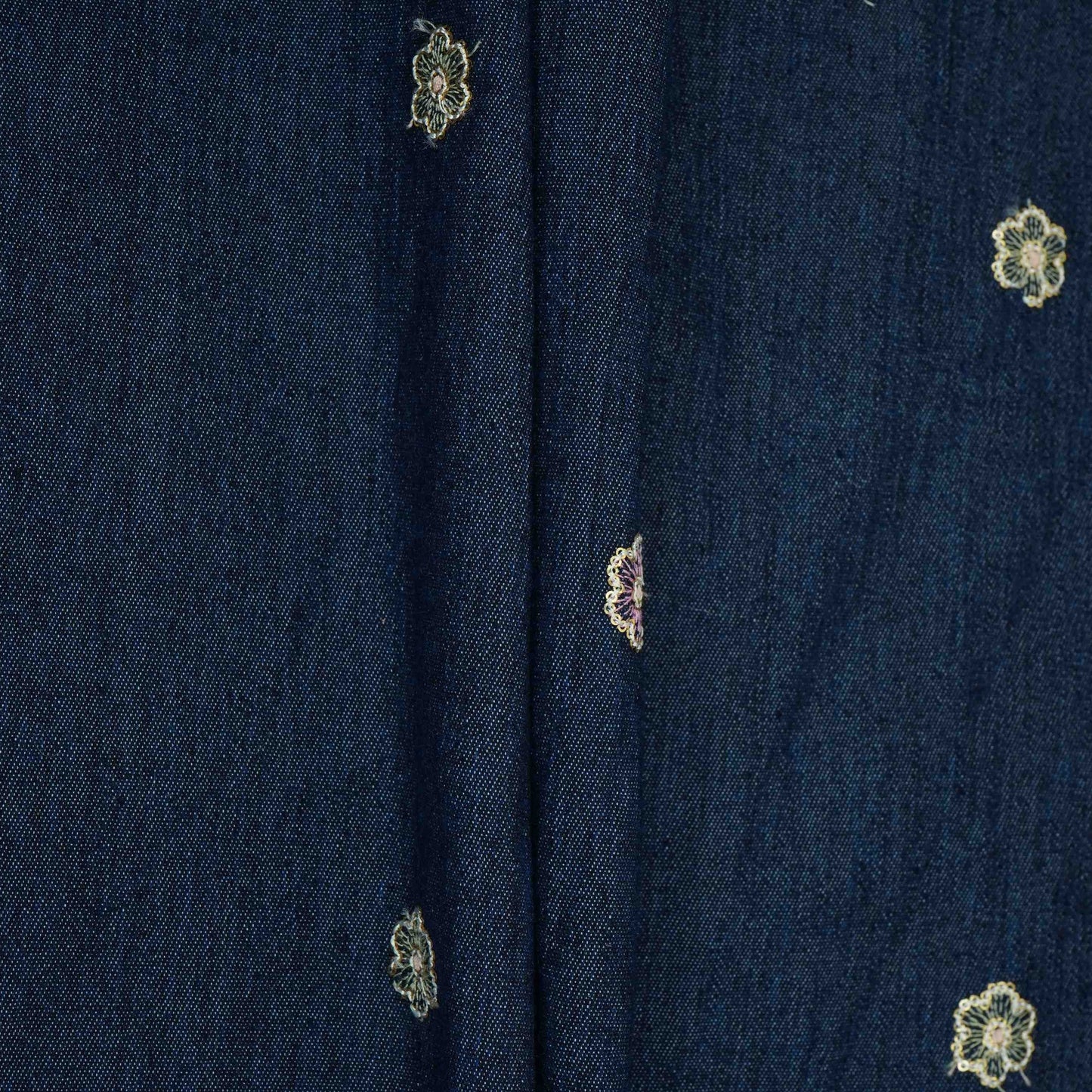 Dark Blue Floral Thread Embroidery Denim Fabric GPF-32686