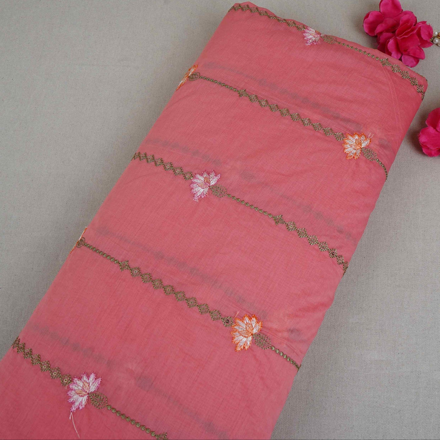 Peach Stripes Floral Embroidery Chanderi Fabric DC-30563