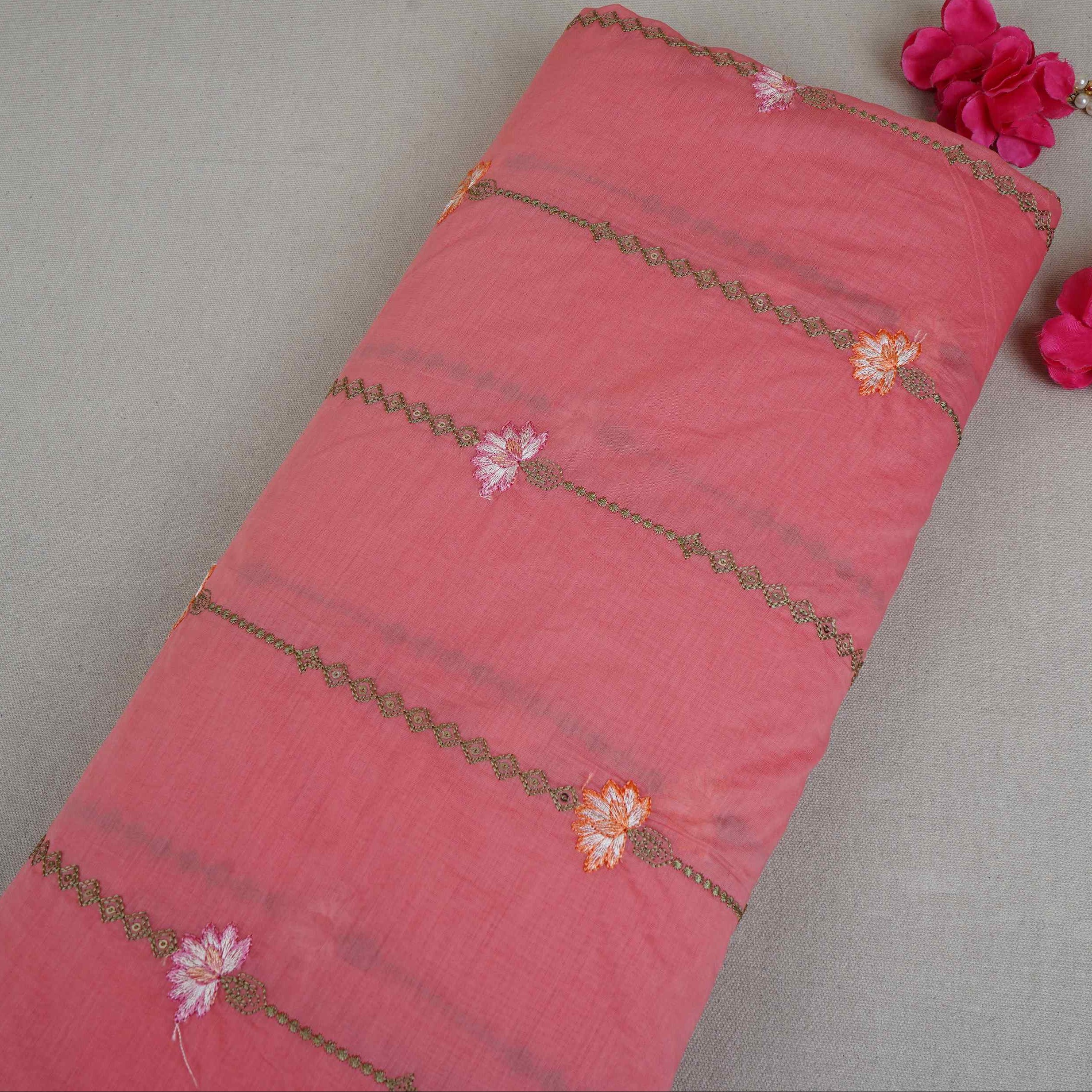 Peach Stripes Floral Embroidery Chanderi Fabric DC-30563 - TradeUNO
