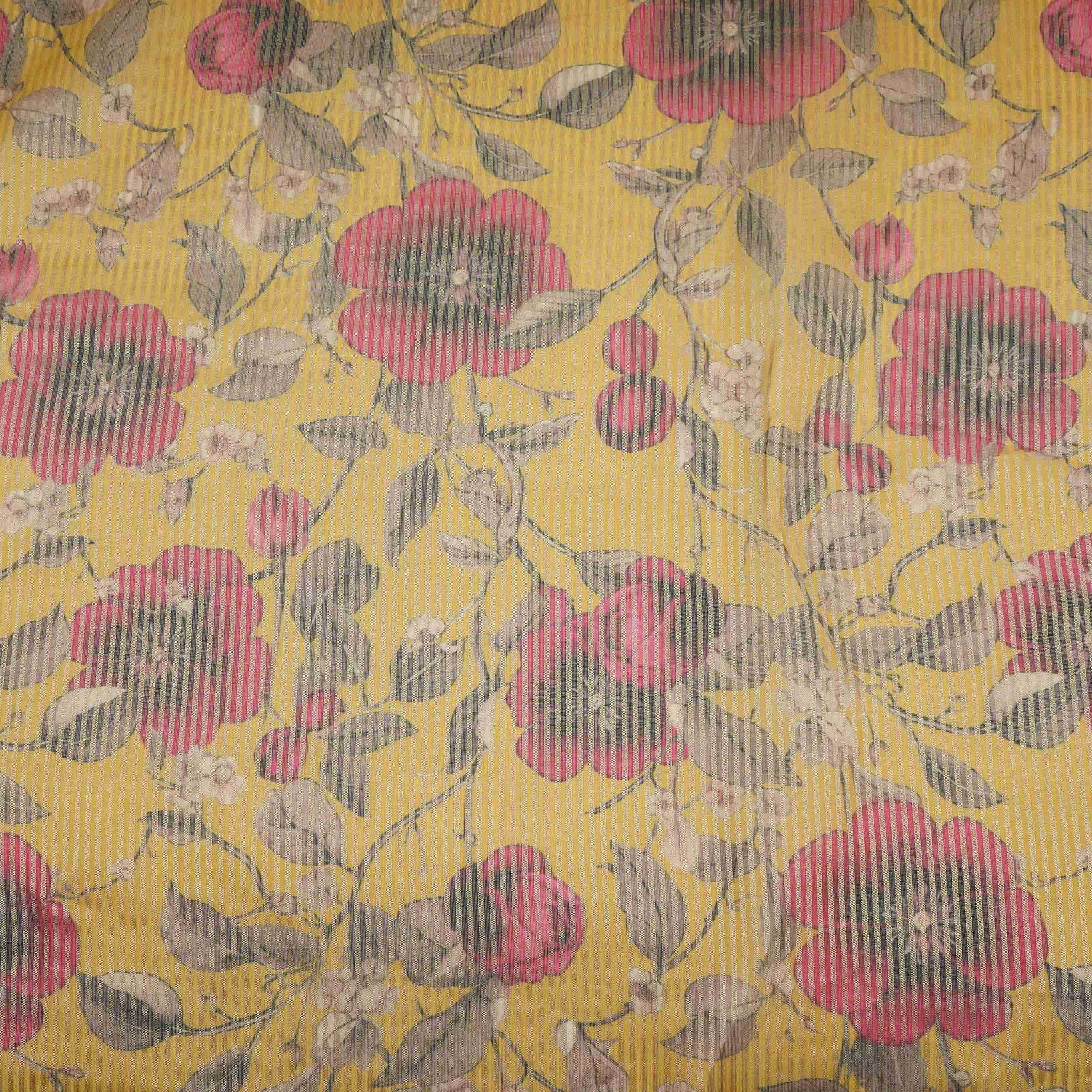 Yellow floral with stripes print Organza Fabric VP-32016
