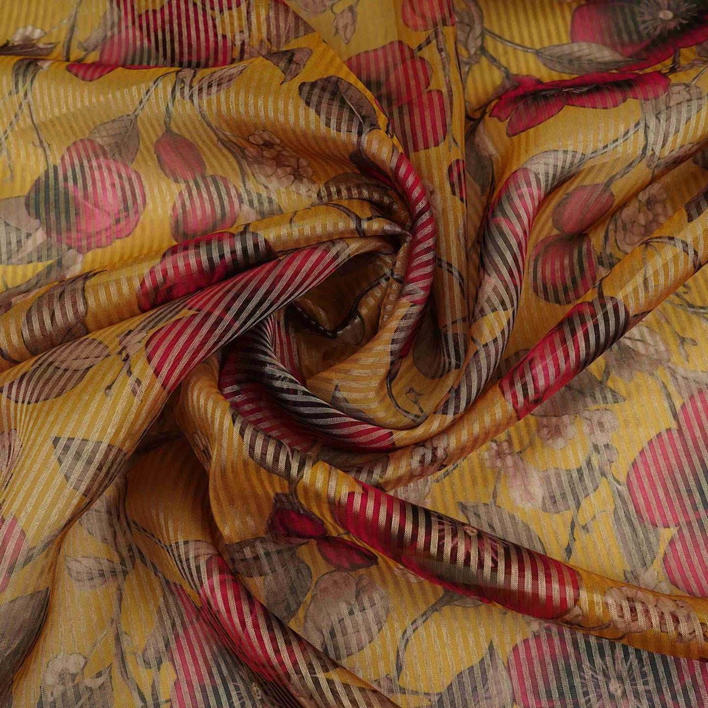 Yellow floral with stripes print Organza Fabric VP-32016
