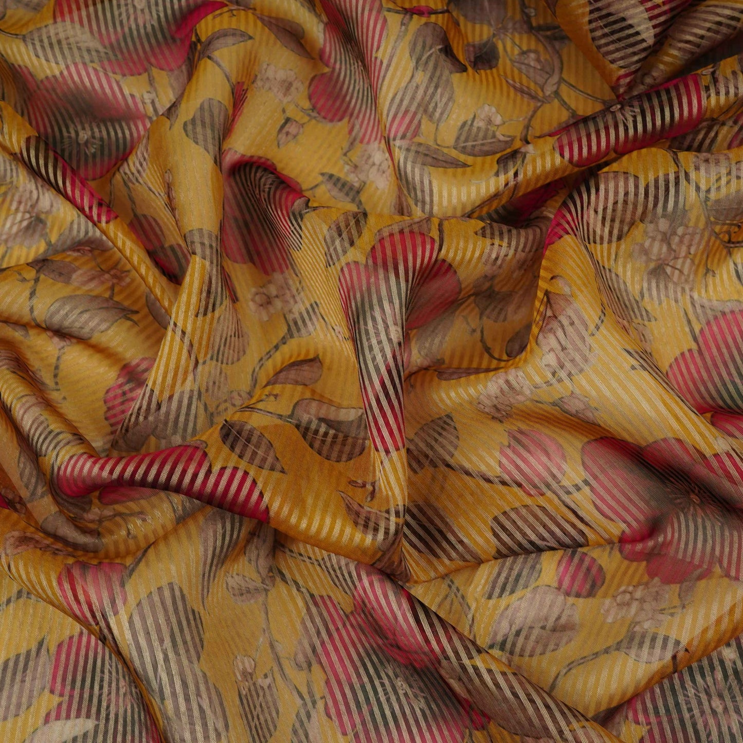 Yellow floral with stripes print Organza Fabric VP-32016