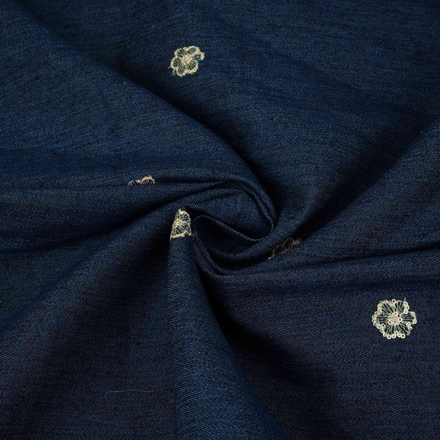 Dark Blue Floral Thread Embroidery Denim Fabric GPF-32686