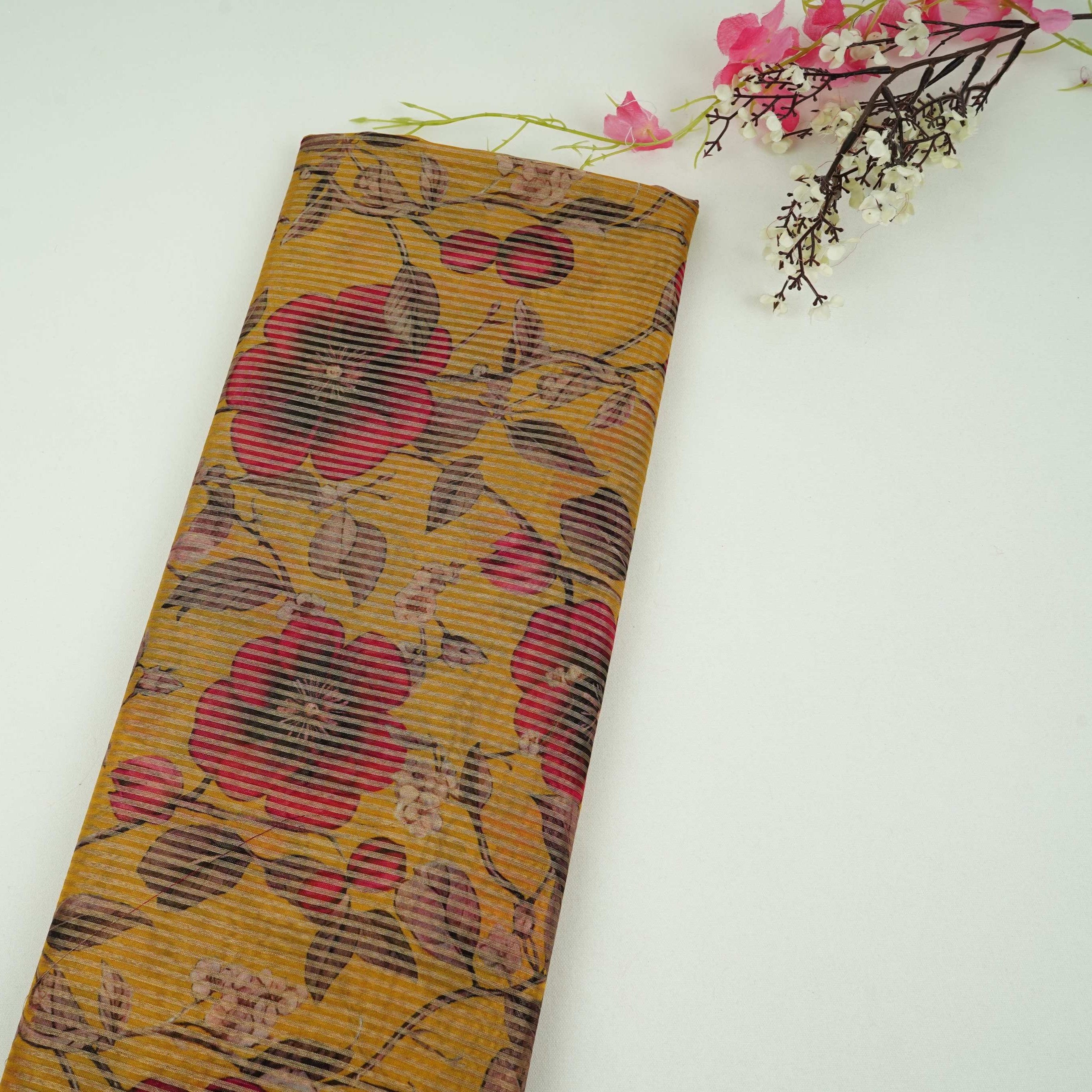 Yellow floral with stripes print Organza Fabric VP-32016