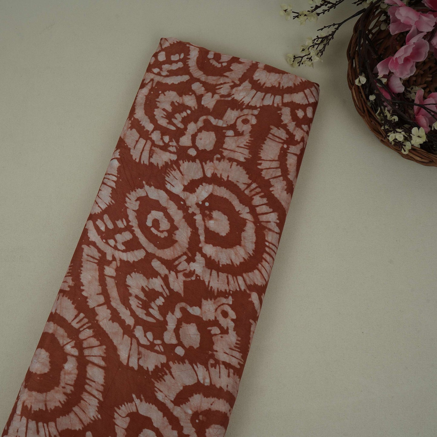 Rust Brown Abstract Batik Print Modal Satin Fabric EEG-32476