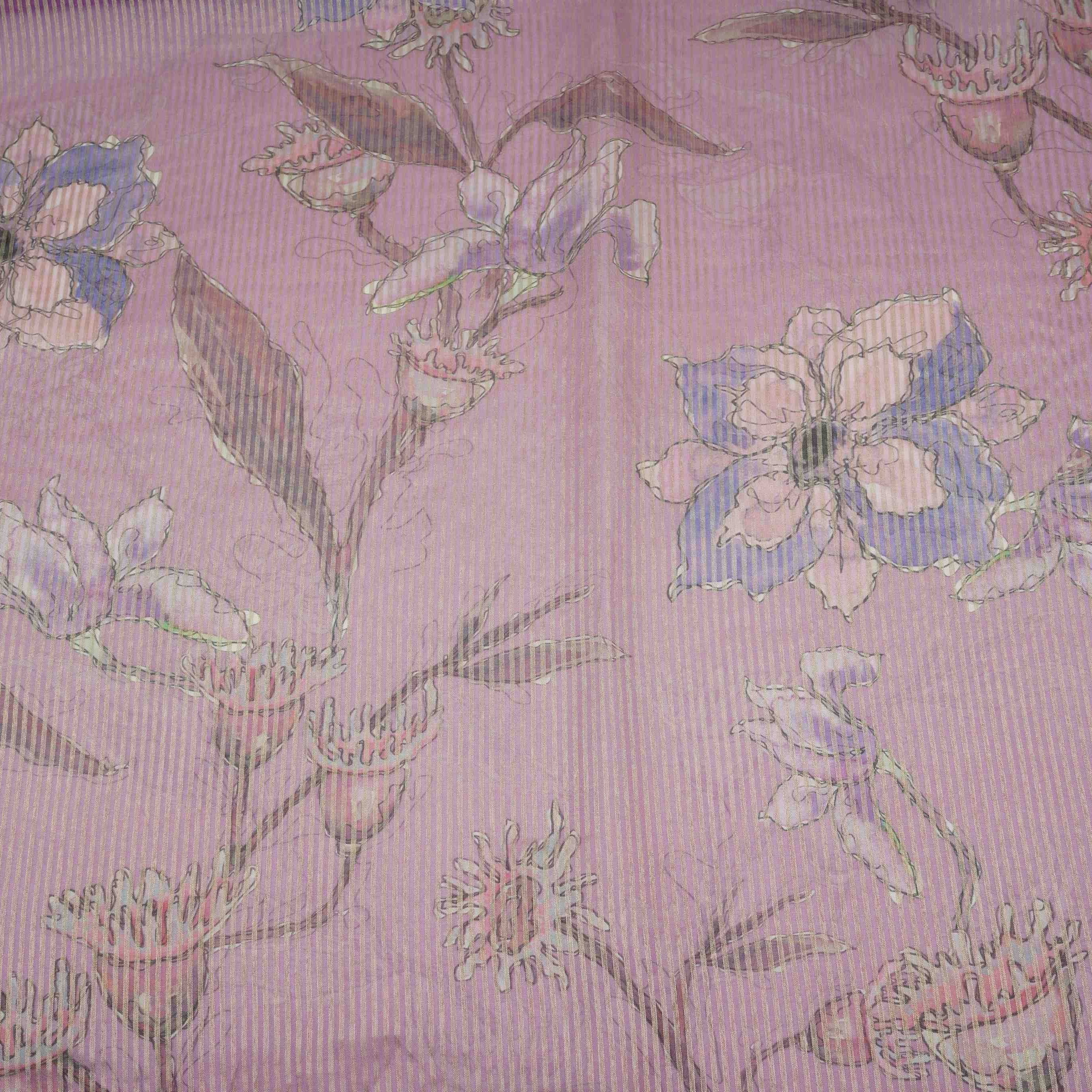 Purple floral with stripes print Organza Fabric VP-32018