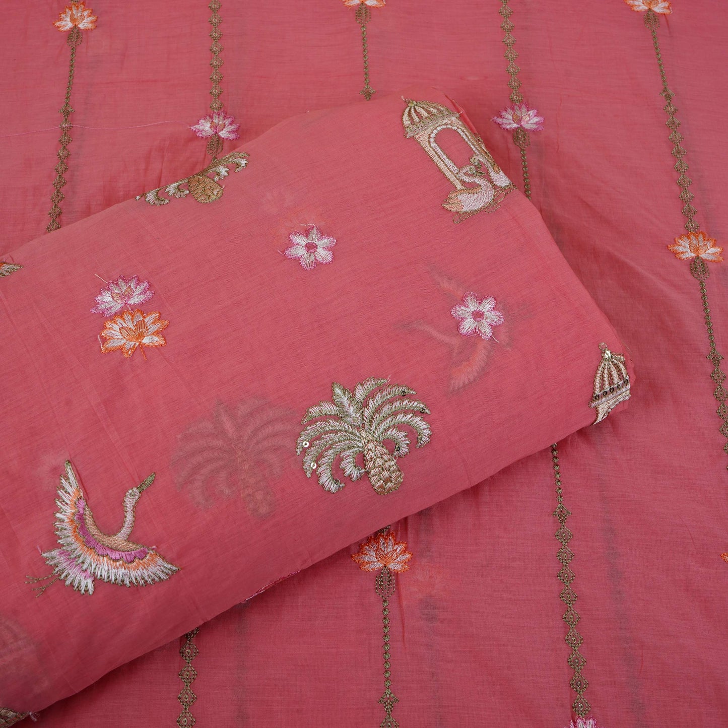 Peach Temple Embroidery Chanderi Fabric DC-30562