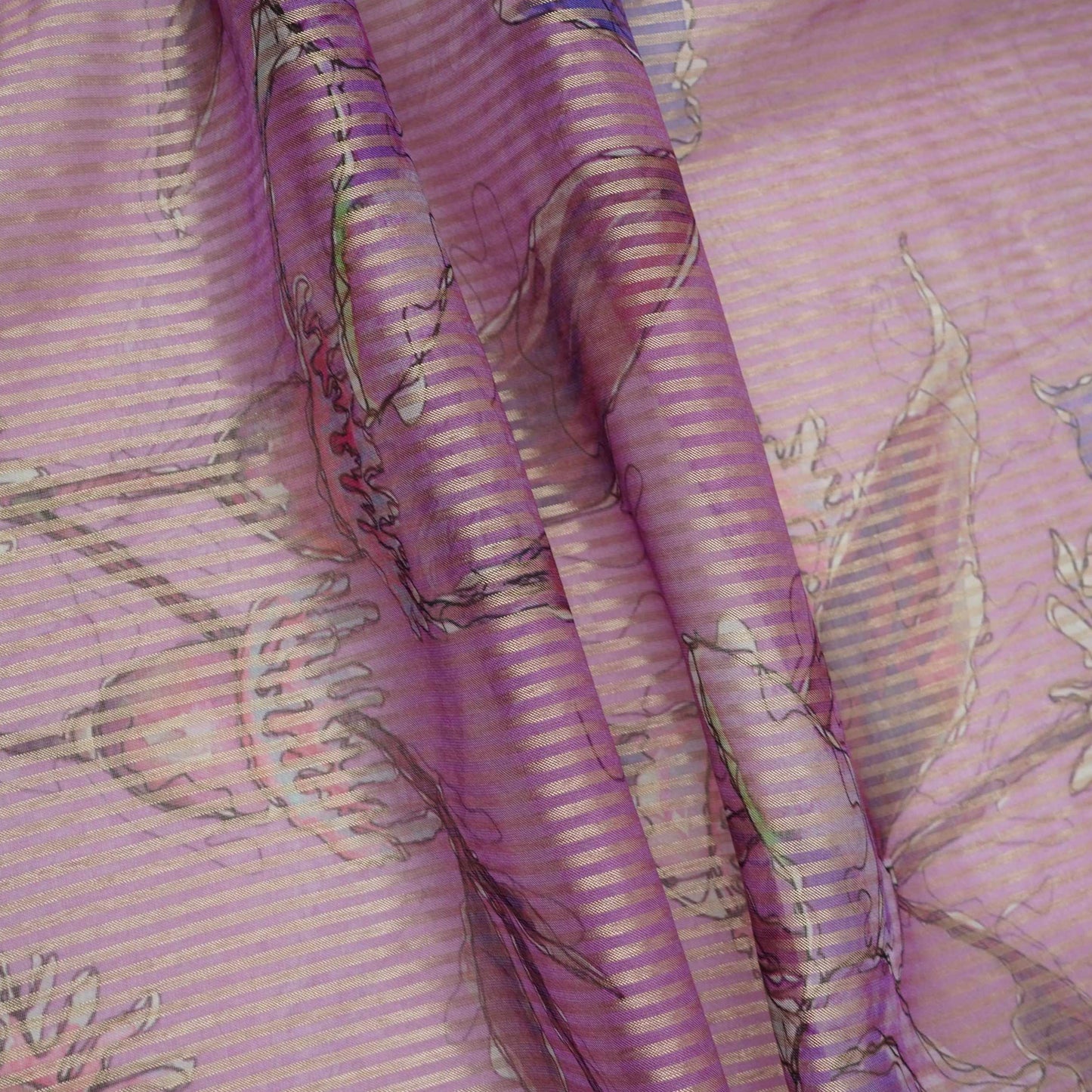 Purple floral with stripes print Organza Fabric VP-32018