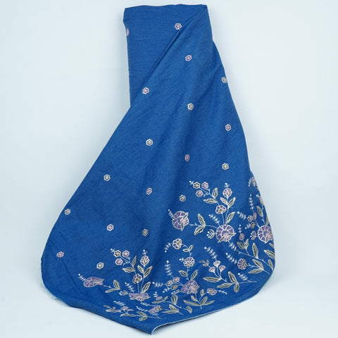 Blue Floral Thread Embroidery Denim Fabric GPF-32687