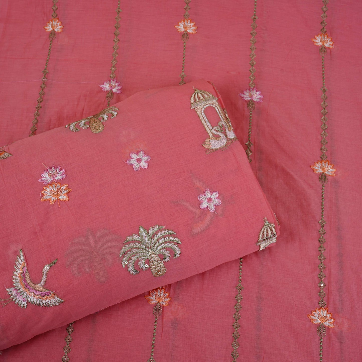 Peach Stripes Floral Embroidery Chanderi Fabric DC-30563