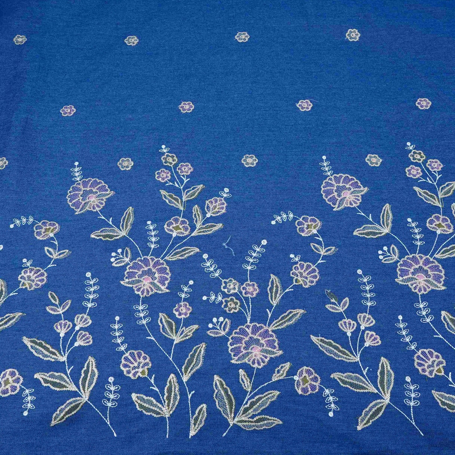 Blue Floral Thread Embroidery Denim Fabric GPF-32687