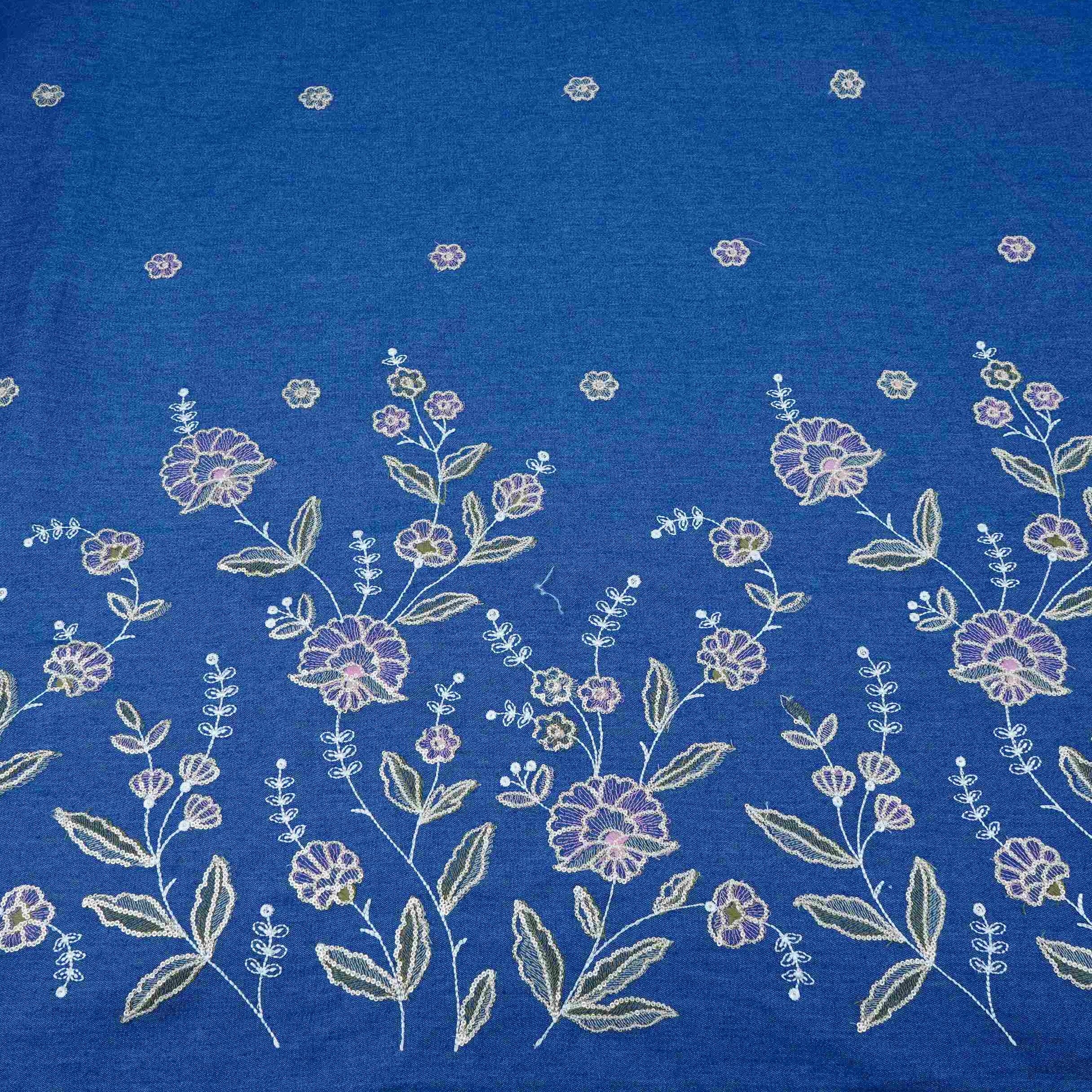 Blue Floral Thread Embroidery Denim Fabric GPF-32687